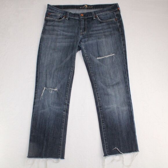 7 for All Mankind Jeans Mens 32x25 Denim Crop Straight Distressed Mid Rise Blue - Picture 1 of 11